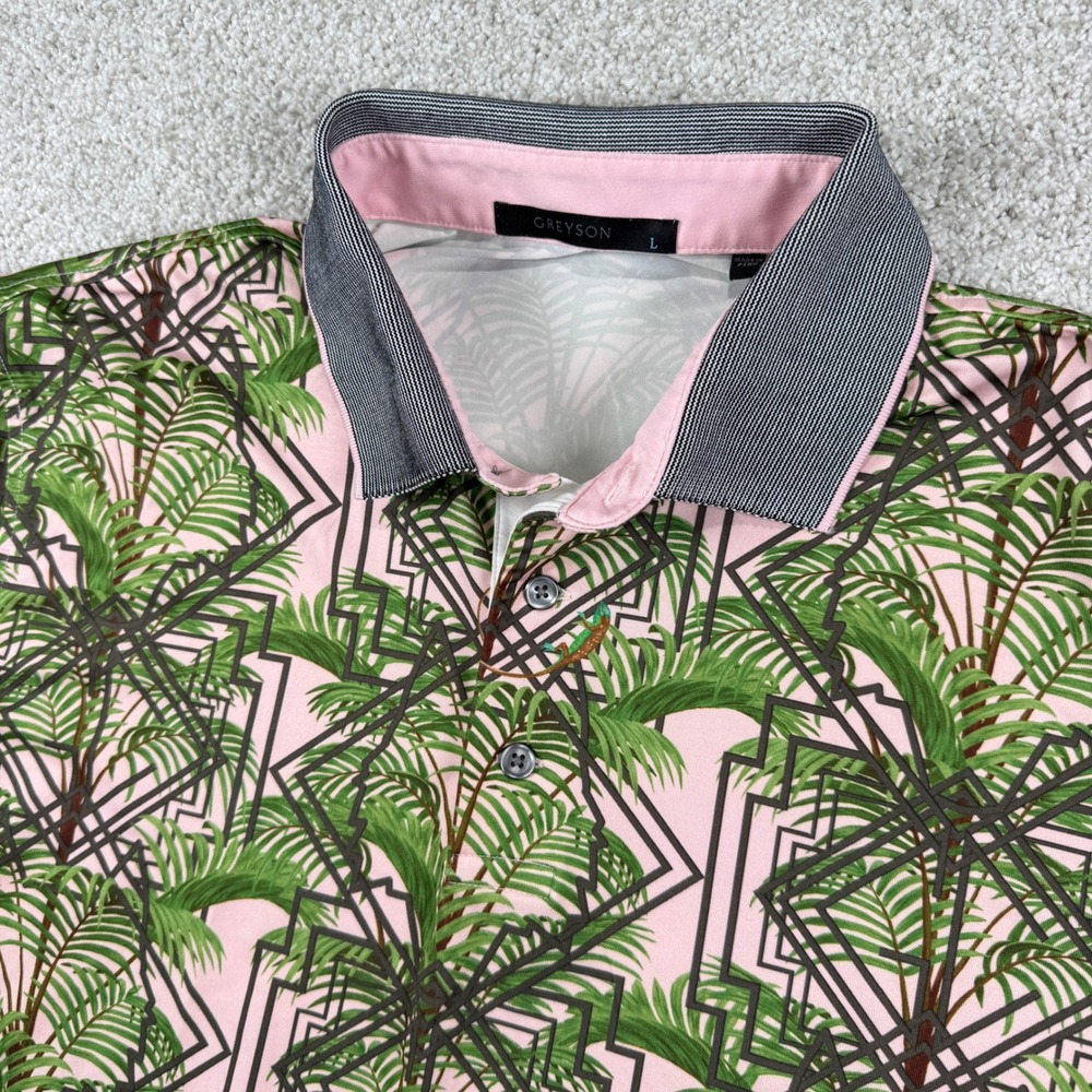 Greyson Polo Shirt Mens Large Pink Tropical Palm Geometric Golf Performance S/S